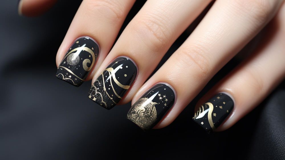 Paznokcie czarne ze złotym